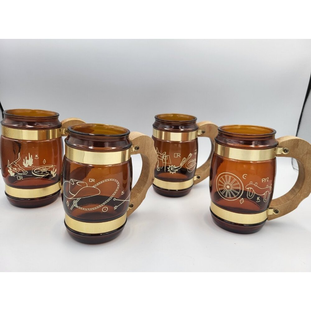 4 Siesta Ware Amber Brown Barrel Glass Mugs Wood Handle Western Theme Vintage GK